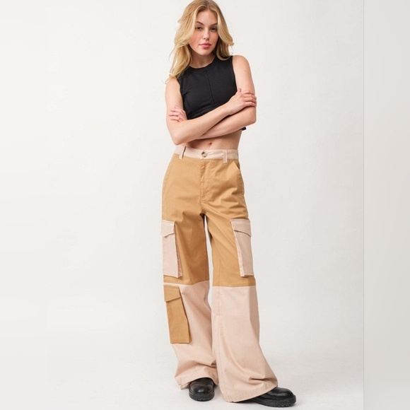 Boutique Patchwork Utility Cargo Pants in Taupe and Cream - Picture 10 of 15